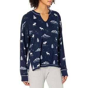 New PJ Salvage L Get Toasty Moose Knit Velour Thermal Lounge Top Navy Blue 87942